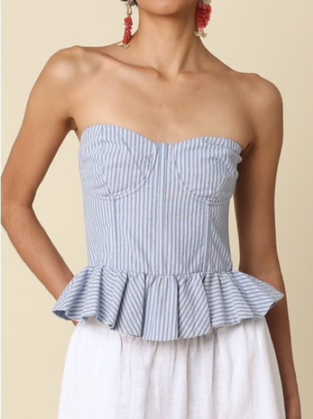 Olivaceous Light Blue and White Strapless Peplum Top